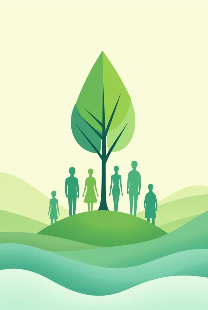 Create a beautiful, creative, and minimalist illustration that represents environmental protection, social inclusion, and sustainability. The image should feature a stylized green tree or leaf in the center, symbolizing the "green thinking" concept. Surrounding the tree, include subtle human figures of diverse sizes and shapes, representing social inclusion. The figures should be connected by flowing lines or paths that blend harmoniously with natural elements like water waves or wind, emphasizing sustainability and interconnectedness. The color palette should be soft and soothing, with various shades of green, blue, and earth tones.