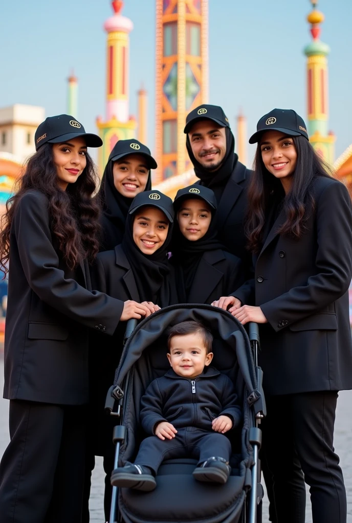 A group of agers with black outfits and Gucci caps in front of an amusement park. The group consists of 2 women wearing headscarves, Two women with very curly hair and one woman with black straight hair. As well as 6 gentlemen. Also a baby in a stroller . The individuals are from Morocco