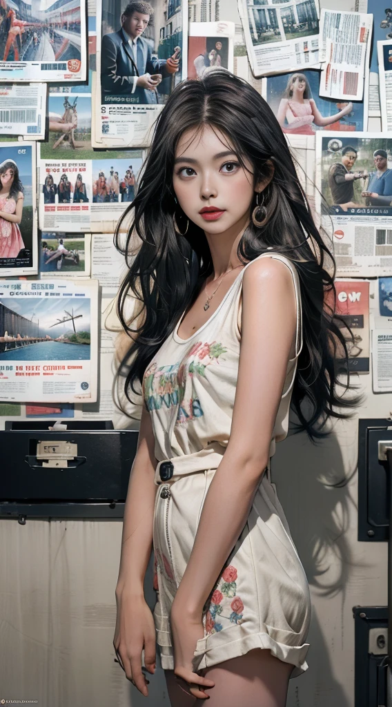 Masterpiece,Best quality,Ultra-detailed,Extremely detailed Cg Unity 8K wallpaper,1girll,White dress,flower,balloon,Newspaper,over the sea,kawa,Newspaper background,