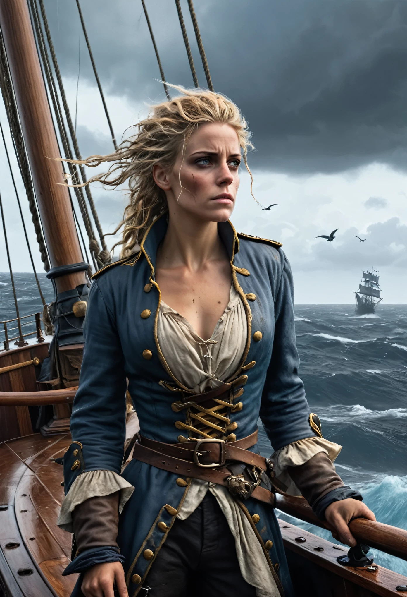 (Realistic:1.2), Grimy 24-year-old blonde pirate woman with weathered skin, sea-sprayed hair, and a salty gaze leaning against mast of. her storm-battered ship, a dagger by in her hand limp at her side, exhausted after another sea battle. The rough grey sea stretching out before her like an endless battlefield, waves crashing against the vessel's hull as dark, foreboding clouds gather on the horizon, an airship looming in the distance, its billowing sails tattered, the pirate's tunic a deep, rich blue with sea-worn whites and tawny leather accents, contrasting warm golden light on weathered wood and cold blue shadows, 8k hyper-real fantasy matte painting in the style of Simon Stalenhag, ZBrush textures and Unreal Engine 5, detailing reminiscent of Iain McCaig's concept art, loose brushstrokes echoing the rugged seascape my soulmate.