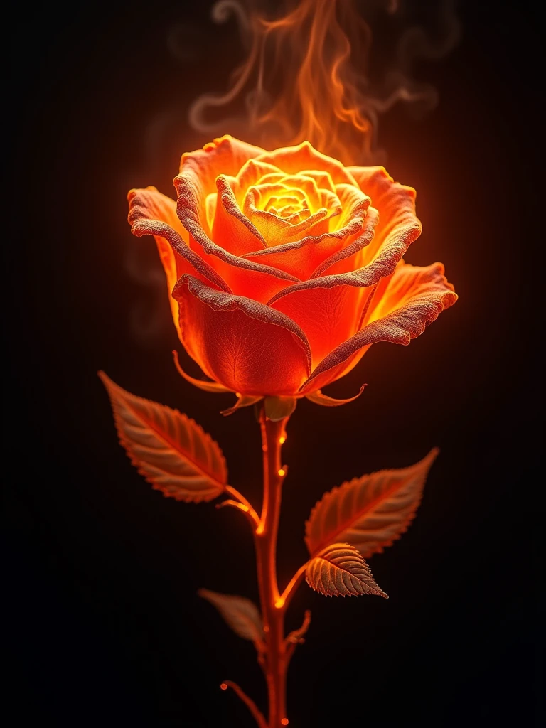 Epic rose made of flames on dark background, aesthetics, perfect ultrarealistic fire texture