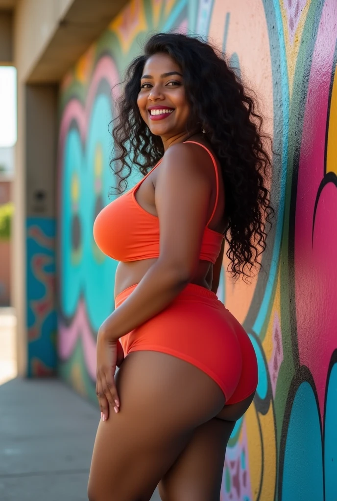 indian, curvy women, showing big booty, wearing thight shorts, smiling face, cute thick girl