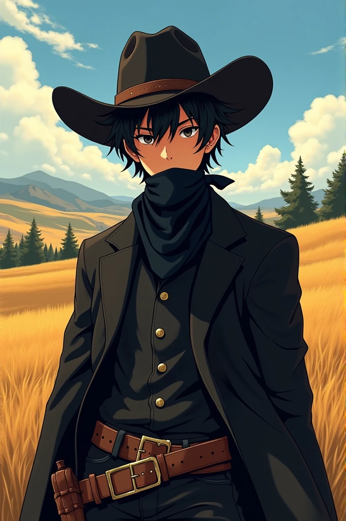 Cowboy face with suit and black clothes. Revolver in holster, young adult. anime image. Black bandana OVER THE MOUTH. It has to be an anime with a round face. black hair and eyes. Caucasian skin. warm colours, Oregon landscape (no signage)