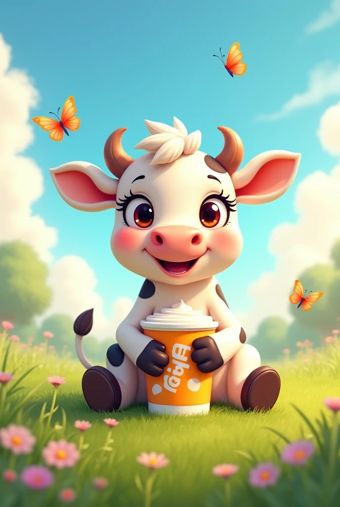 drawing of a cute cow sitting with long eyelashes holding a yogurt container