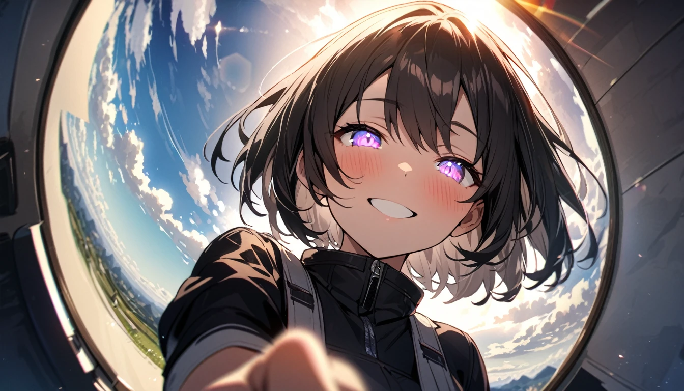 masterpiece, short hair, glowing eyes, beautiful eyes,), pov, ,Happy Day、One Woman、Fisheye Lens、Solar flare、Lens flare、Cloudy