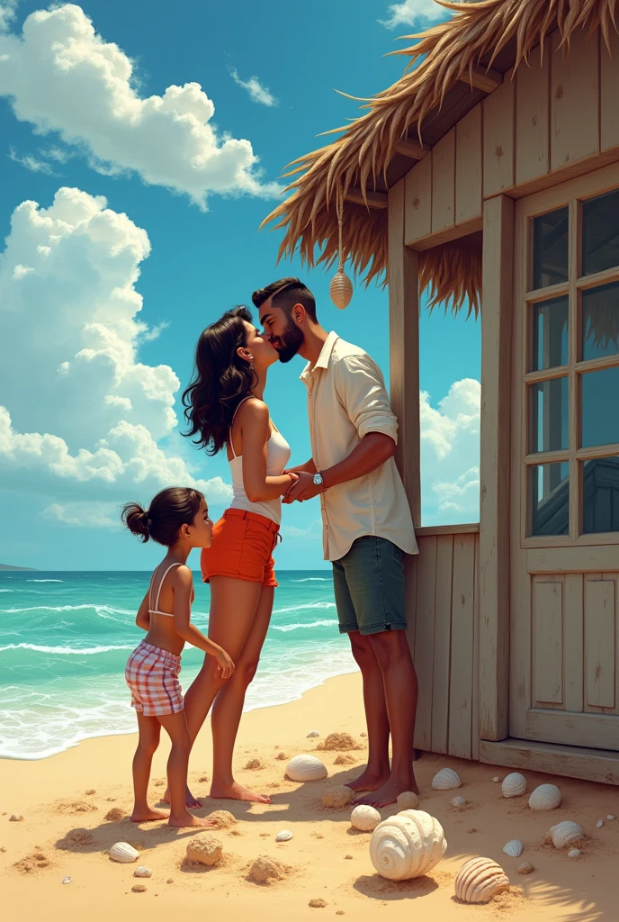 There was a girl named Rayca and her boyfriend Jacob Scipio, they were on the beach with their children Petra and Pedro. While their children played, the two kissed while sitting in the shack.. Jacob was tall, brown and muscular, he had a goatee and Rayca was short with a bob haircut and white with dark hair, she was curvy and busty, she was so beautiful