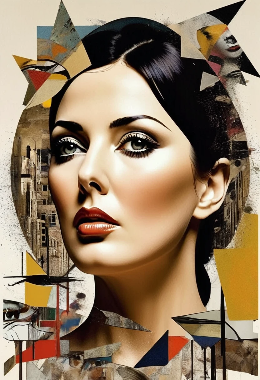 Monica Bellucci themed, Surreal and strange dislocation art:Collage, There are many different things on the faces, somber colors, Geometric Dislocation, Hollow, Artistic sense, Painting, paint, Simple, effect, Collage, Conceptual art, Dadaism, cinematic
