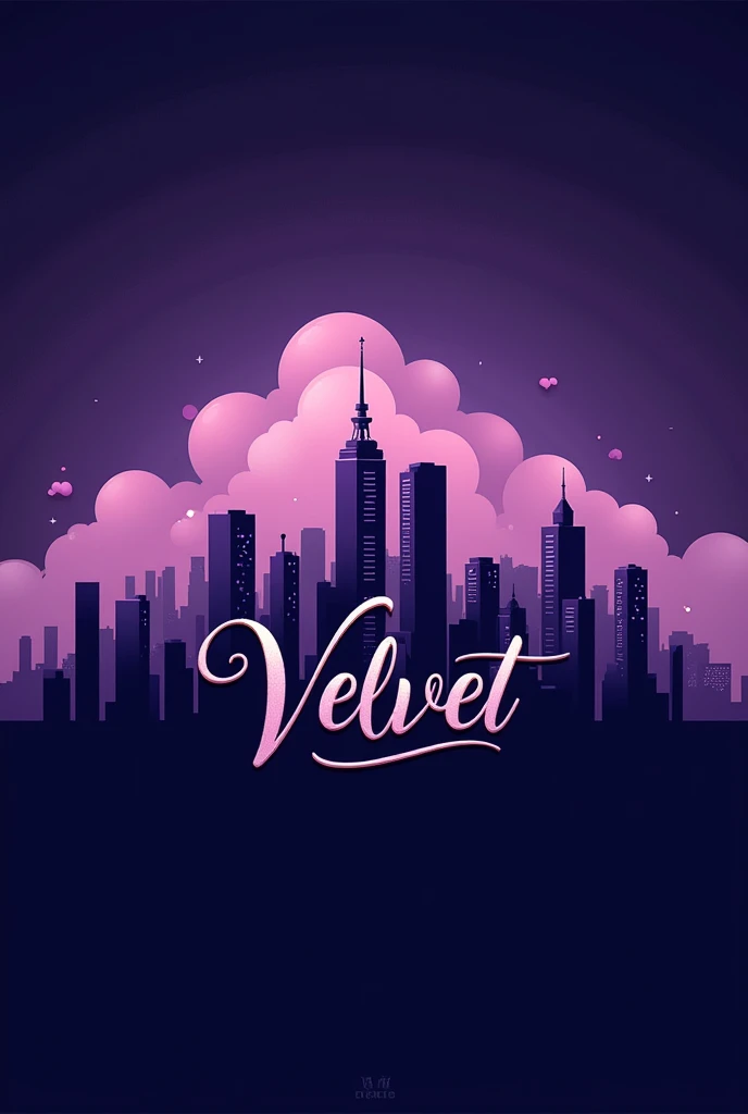 Make a logo with the name Velvet and in the background buildings and a sky and a purple theme