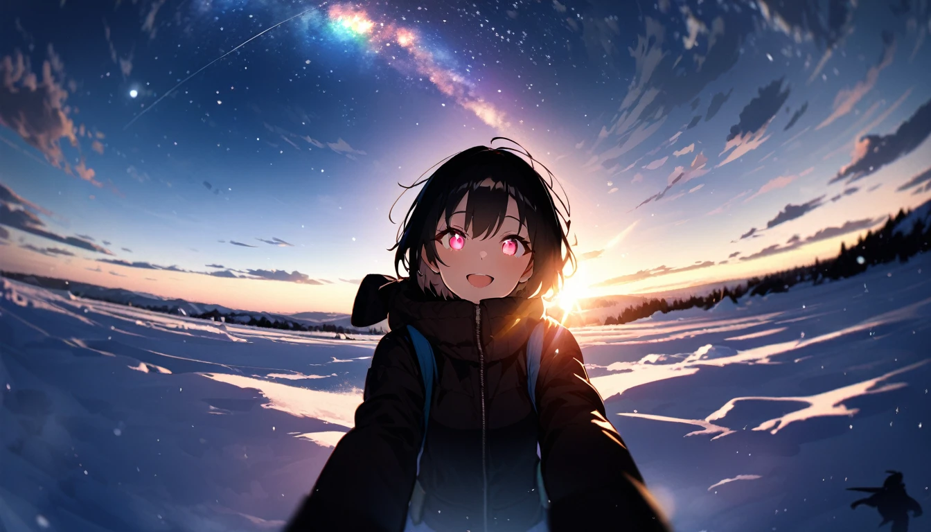 masterpiece, best quality, (silhouette:1.3), short hair, glowing eyes, beautiful eyes, star (sky), pov, snow,Happy Day、One Woman、Fisheye Lens、Solar flare、Lens flare、Cloudy