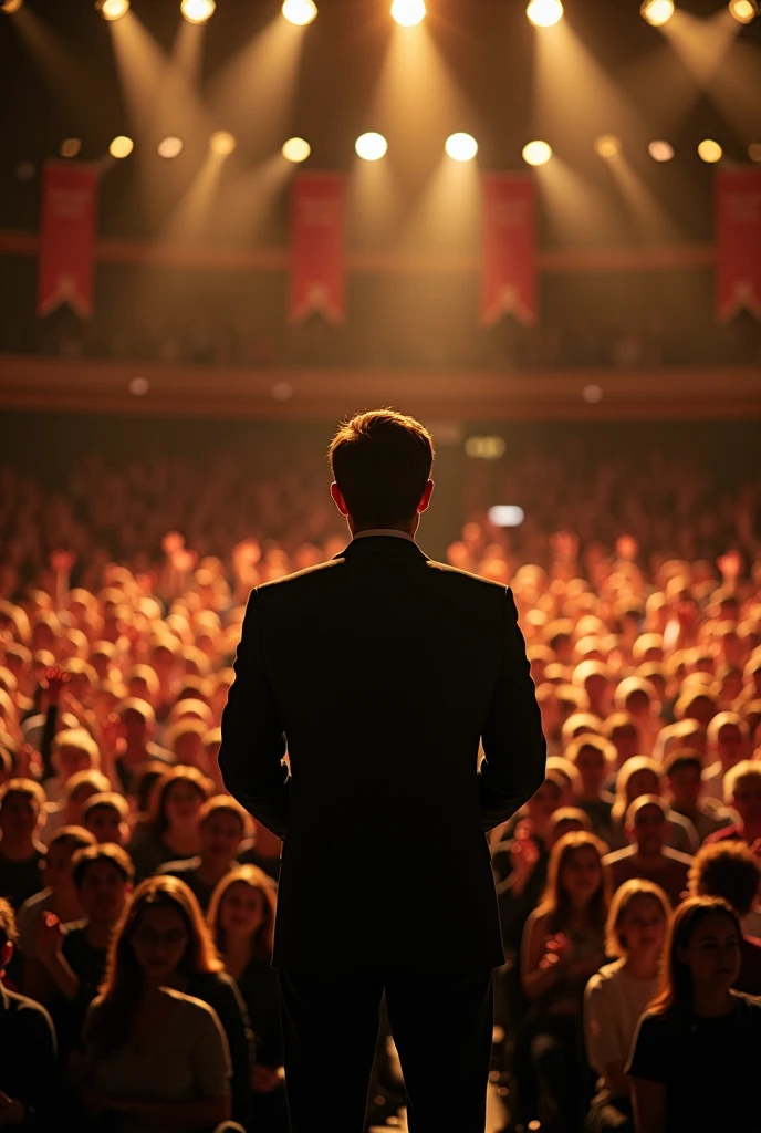 Create an image of a speaker with their back to the audience, with thousands of spectators applauding.
