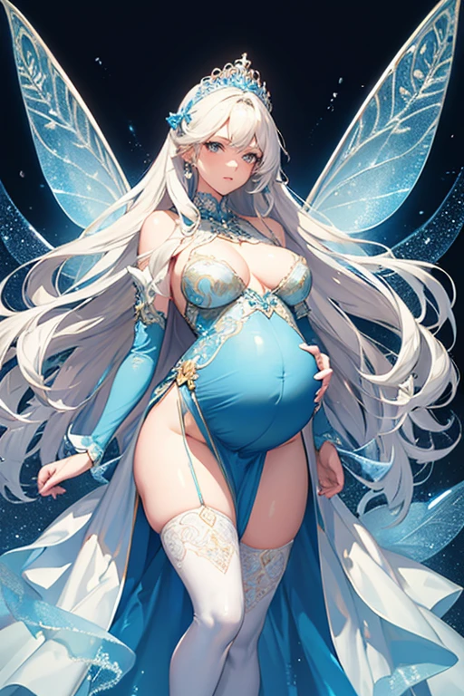 8k, masterpiece, very realistic, Full body (Sexy pregnant fairy 1.2), very slim waist, slim thighs, elaborate detailed light blue detailed embroidered formal dress, transparent blue fairy wings, long straight flowing wavy blonde hair, elaborate detailed patterned white stockings, medium breasts, pregnant, (curved back 1.2), silver tiara with light blue gems, from the back,