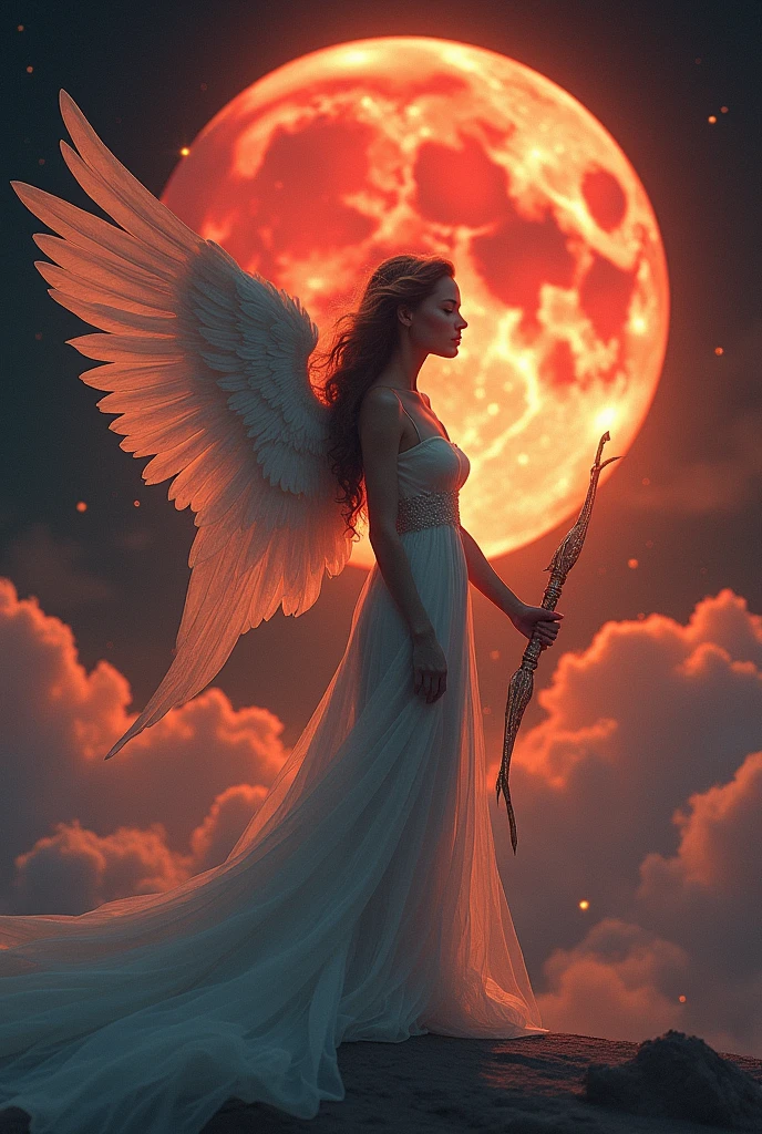 A hot angel with an arrow in front of a big red moon where u can see the shade of the man of the moon