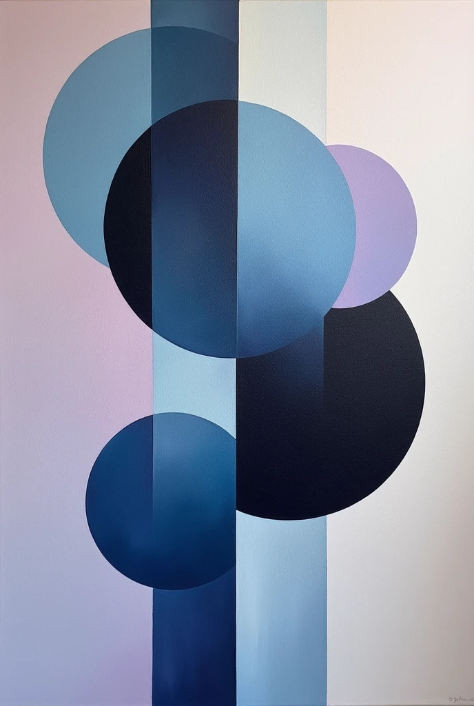 A minimalist abstract oil painting using shades of blue, purple and black, some circles, Triangles, and squares