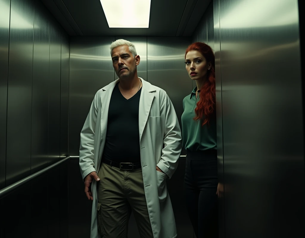 short statured Caucasian woman, wary expression, vibrant maroon side-parted long wavy hair, soft green silk blouse, low-rise black pants, black boots, standing in elevator, to her side is an imposing 216 cm tall Arab-Egyptian man with short platinum blond wavy swept-back crew cut, long black stubble, white lab coat, black t-shirt, black cargo pants, black boots, cinematic lighting.
