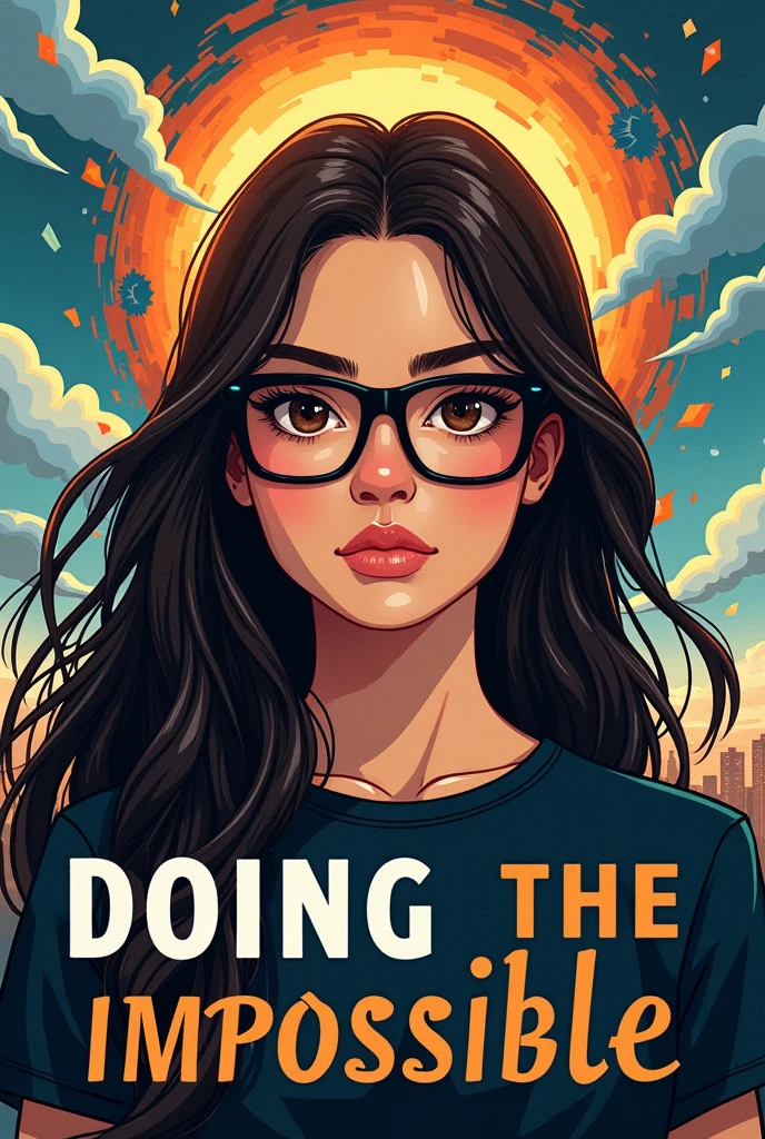 Create a written book cover "doing the impossible" with a long, dark brown haired character, wearing square black glasses, with dark brown eyes shining