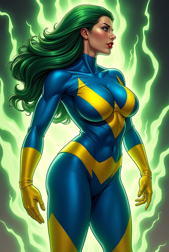Lorna Dane, polaris x-men, (sexy profile side win pose:1.6), (busty and voluptuous body:1.4) , (green thick wavy long hair:1.4), (huge breast:1.6), wearing a blue costume, big yellow in the chest and stomach, with yellow xmen belt, yellow glowes, yellow boots, (screenshot of a beat em up videogame), (she's surrounded by a green energy:1.5), (comic style:1.4) 