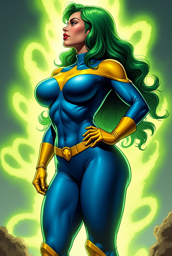 Lorna Dane, polaris x-men, (sexy profile side win pose:1.6), (busty and voluptuous body:1.4) , (green thick wavy long hair:1.4), (huge breast:1.6), wearing a blue costume, big yellow in the chest and stomach, with yellow xmen belt, yellow glowes, yellow boots, (screenshot of a beat em up videogame), (she's surrounded by a green energy:1.5), (comic style:1.4)