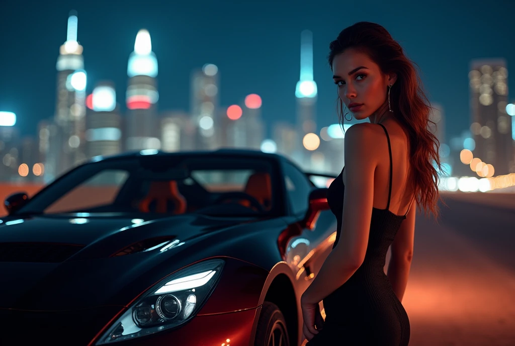Anne Hathaway in bikini and she's is night view his background some skyscrapers and she's sitting on Lamborghini and she's holding in his hand alcohol glass
