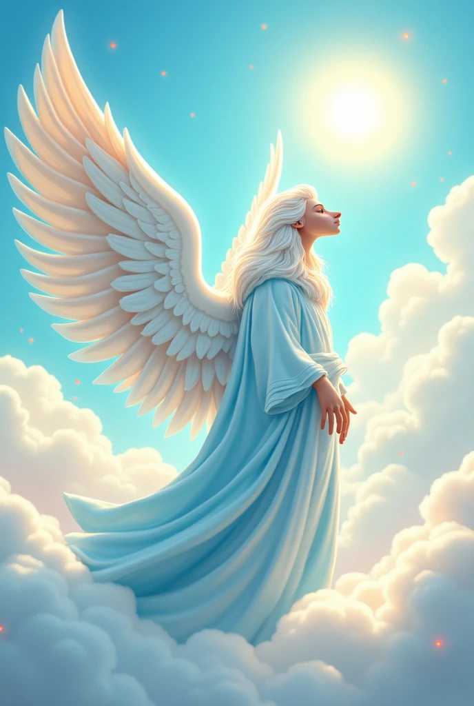 (Hazbin hotel toon style) In Heaven, Amadeus has a serene appearance, adorned in flowing white and blue robes that shimmer like the sky, with wings that radiate soft light. 