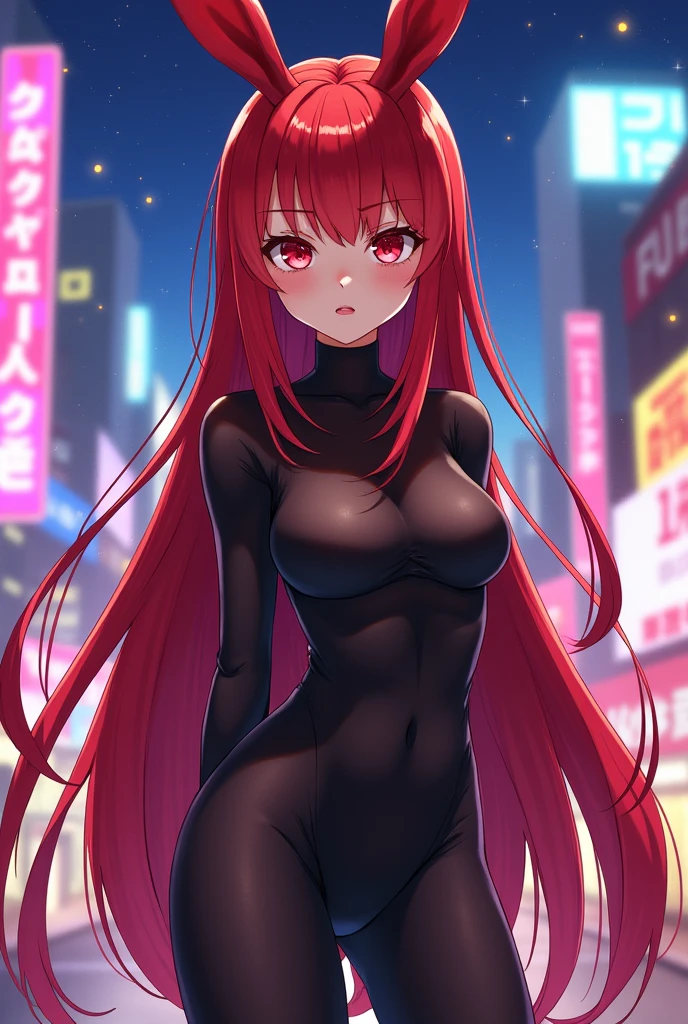 Girl with long red hair, Red eyes,slender body, Playboy suit with rabbit ears anime design