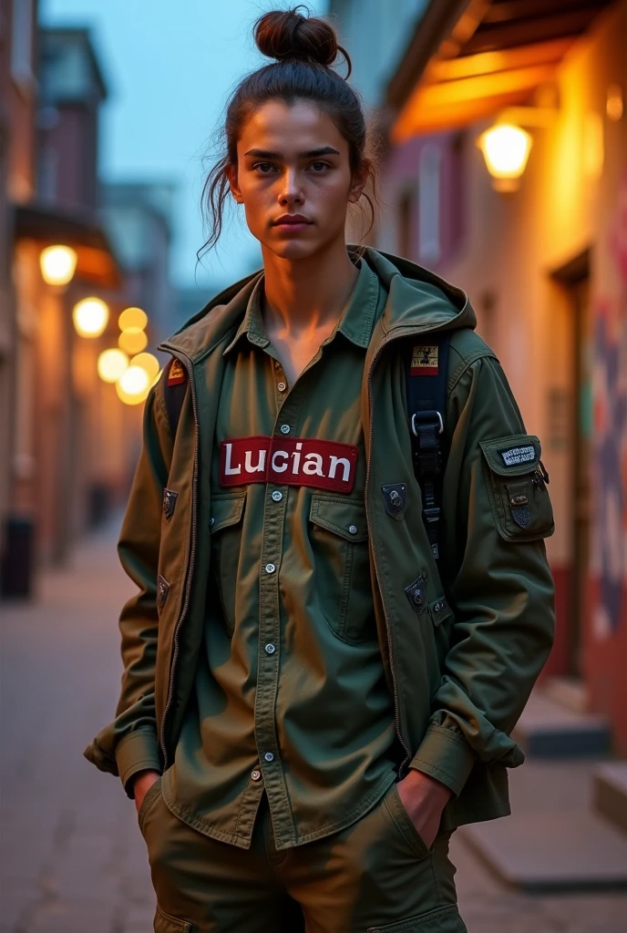 Young man 26 years old, brunette medium hair , eyes browns, army pants army shirt with the name Lucian written on it, and school jacket