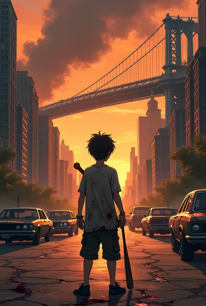 The back of the anime male character, a boy in dirty clothes, blood-stained people, holding a baseball bat, is standing below looking up at the desolate city, dilapidated, The towering buildings engulfed in flames, Crumbling down, on the road are abandoned cars, broken, above is a large bridge,  after the monster pandemic