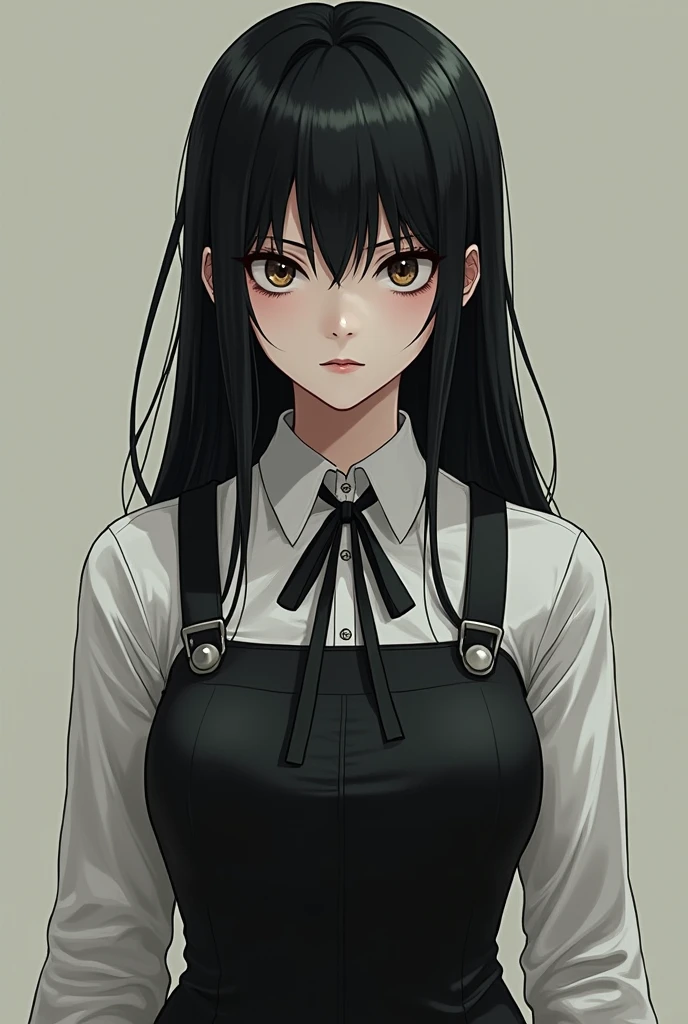 ((masterpiece, best quality)), (1girl), (solo), (female focus), yoru (chainsaw man),(very detailed face, real image, realistic white skin, realistic body, intricate details), upper body, focus on face, black hair tied, long hair, intimidating look, black pinafore dress, shirt, neck ribbon, small breasts
