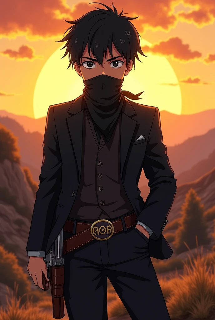 Cowboy face with suit and black clothes. Revolver in holster, young adult. anime image. Black bandana OVER THE MOUTH. It has to be an anime with a round face. black hair and eyes. Caucasian skin. warm colours, Oregon landscape (no signage)