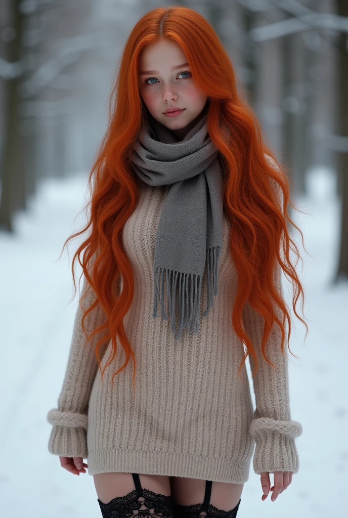ultra realistic, photography, long red hair, girl, 24 years old, hourglass figure, perfect body, Flirty look, extremely detailed artgerm, in the style artgerm, small breasts, facing the camera, lens 35 mm, blur background, Winters,snow landscape,Beautiful age girl,lacepantyhose,Random color,long sweater,scarf,depth of fields,Real light,Ray traching,OC renderer,UE5 Renderer,Hyper-realistic,best qualtiy,8k,Works of masters,super-fine,Correct anatomy