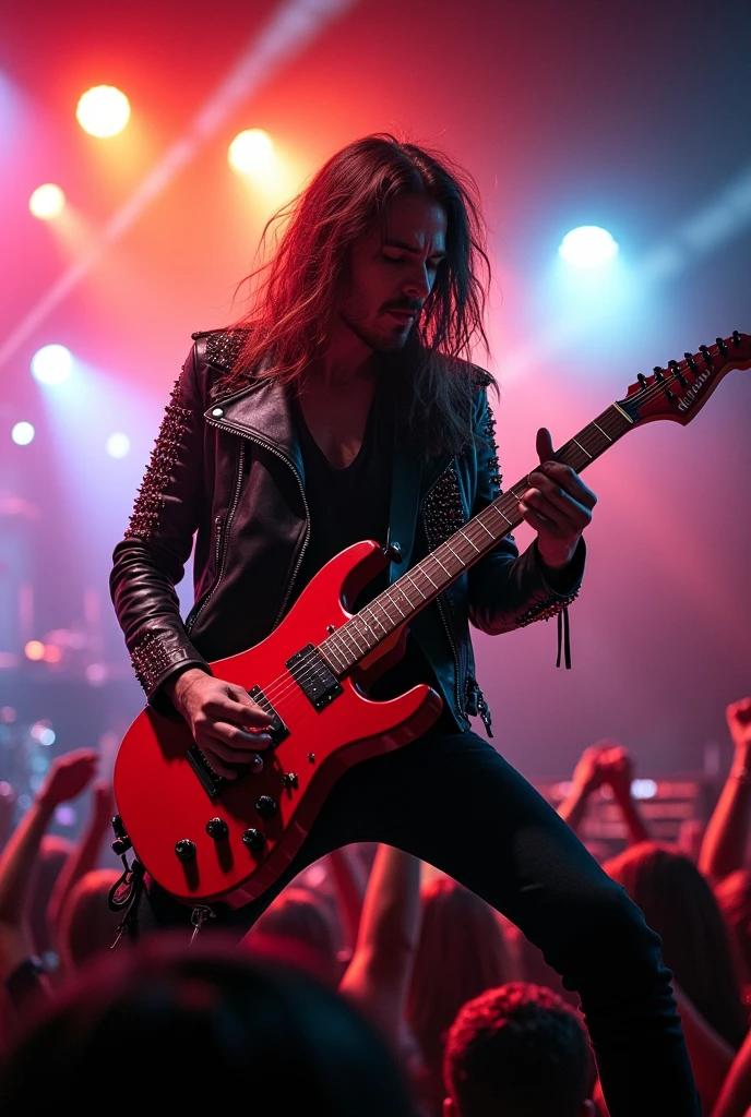 Metalhead playing red telecaster in a stage
