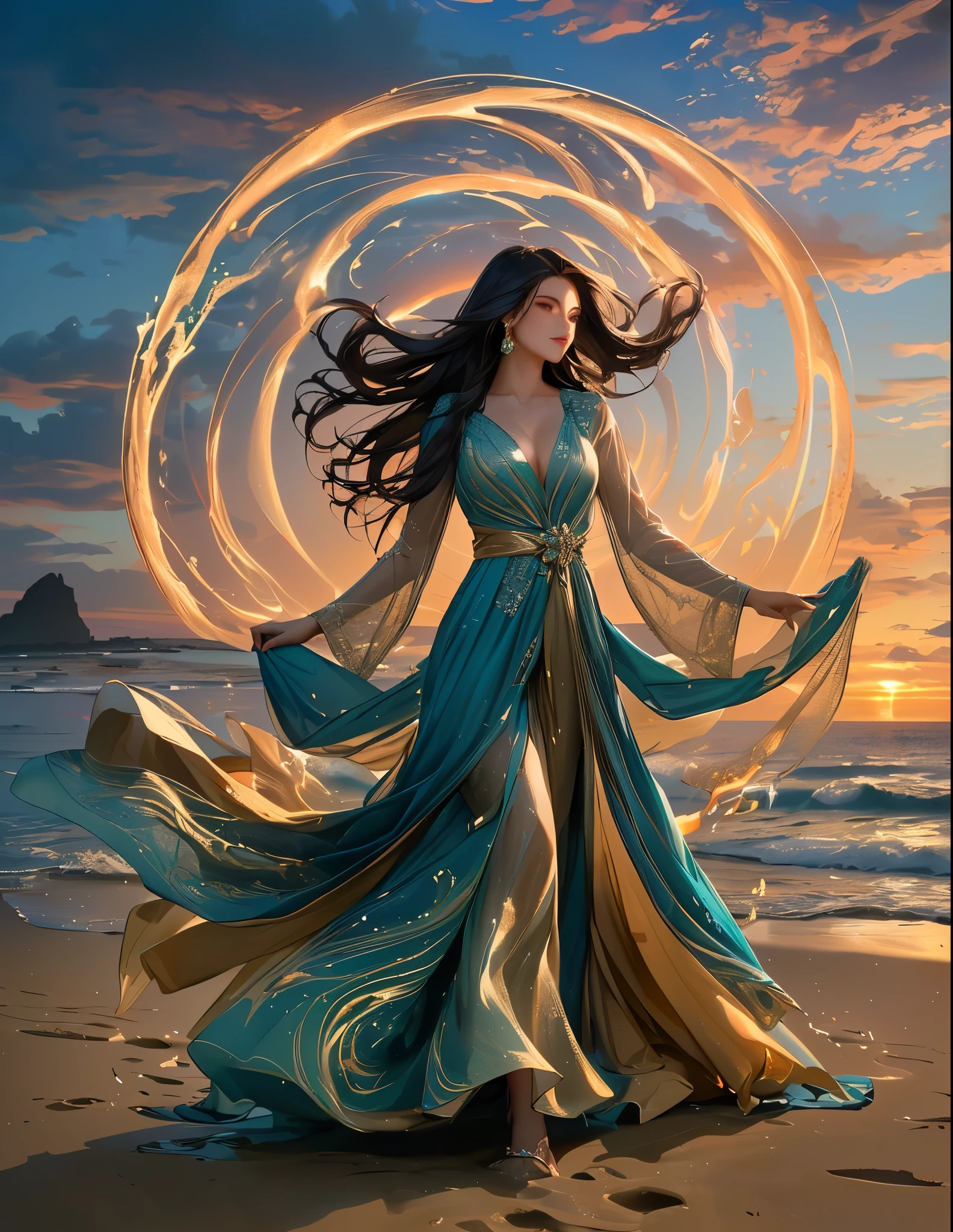 a woman in a long dress standing on a beach with a swirl of light, flowing magical robe, dress made of fire, swirling magical energy, fantasy woman, dramatic lighting fantasy, beautiful celestial mage, glowing with magic, fantasy gorgeous lighting, flowing robes, flowing dress, fantasy photoshoot, flowing gown, blue swirling dress, goddess of light, softly swirling magical energy