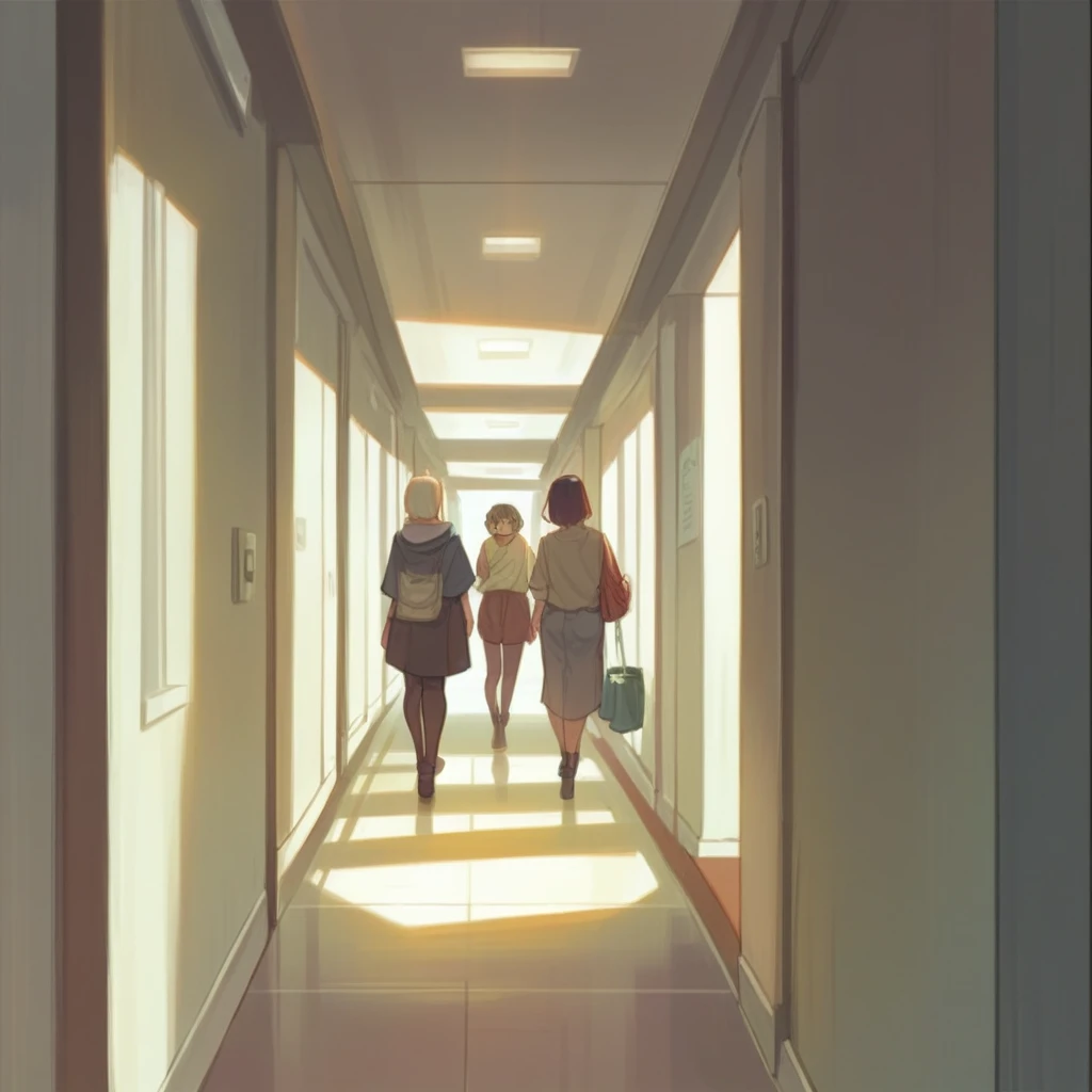 Two women chatting in a hallway 