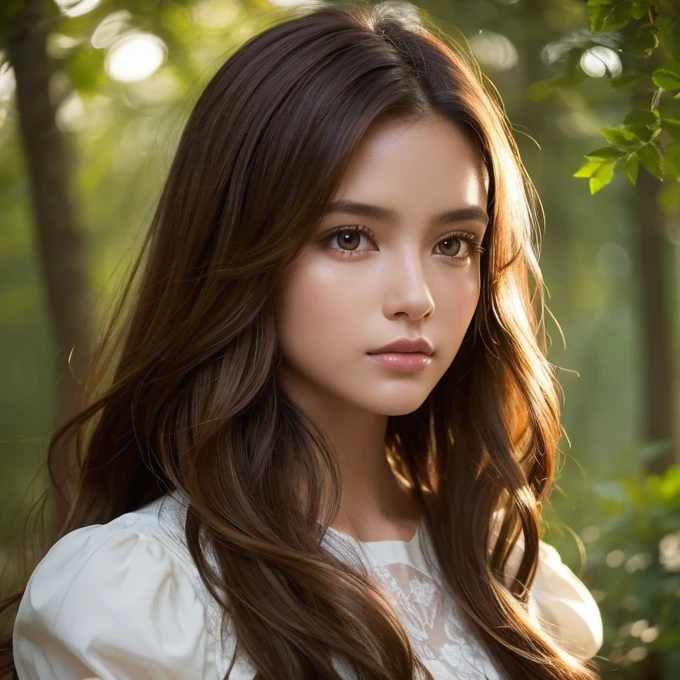 Dark Skin, Detailed beautiful young woman, Reddish golden brown hair, length, Wavy messy hair, Perfect green eye detail, Delicate, symmetrical, realistic and beautiful face, (Magical forest background), Ranger See-through Camisole, Fairy, Wildflowers that blend into your hair, whole body, masterpiece, Absurd,The finer details, Rich colors, Dramatic lighting, Very detailed, Cinema Lighting