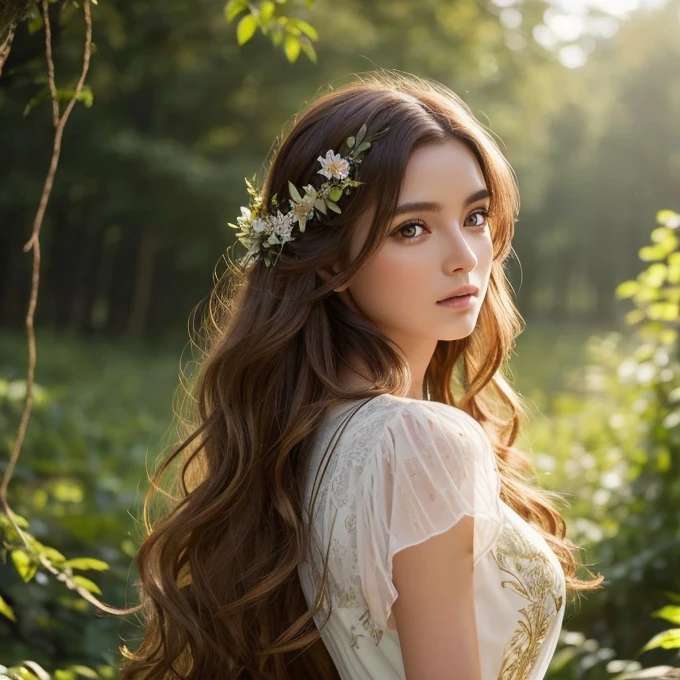 Dark Skin, Detailed beautiful young woman, Reddish golden brown hair, length, Wavy messy hair, Perfect green eye detail, Delicate, symmetrical, realistic and beautiful face, (Magical forest background),  Ranger See-through Camisole, Fairy, Wildflowers that blend into your hair, whole body, masterpiece, Absurd,The finer details, Rich colors, Dramatic lighting, Very detailed, Cinema Lighting