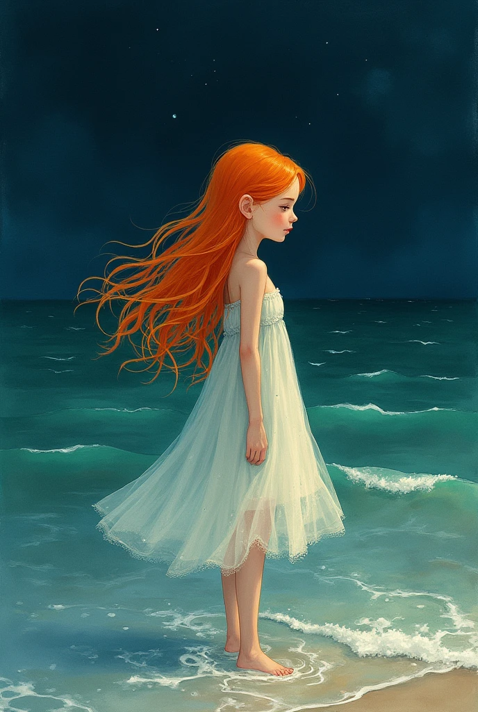 (masterpiece, Highest quality), ((One girl, alone, Long Hair)), Ishmael_edge, Innocent look, Bare arms, Exposing shoulders, Bare neck, watercolor, Sundress, Liquid clothing, water, Wave, water dress, green_theme, night, haze, dark, Sharp focus, Ocean, See-through dress, Orange Hair