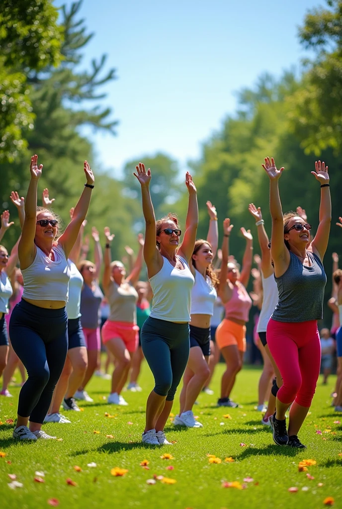 15 people in a group doing stretches wearing casual clothes
