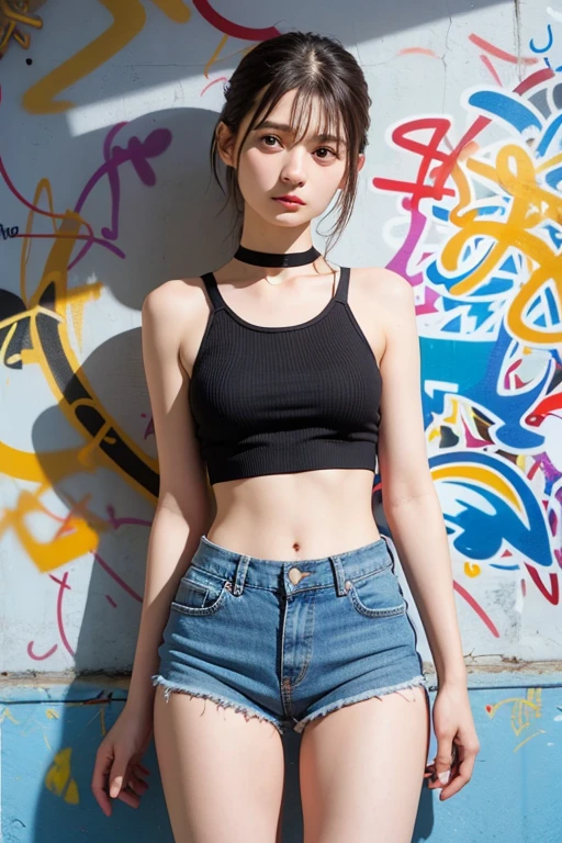 masterpiece, Highest quality, One person, alone, Crop top, Denim shorts, choker, (graffiti:1.5), Paint splashes, Put your arms behind your back, Against the wall, View your viewers, Armband, Thigh straps, body paint, Tilt your head, boredom, Multicolored Hair, Aqua Eye, headset,