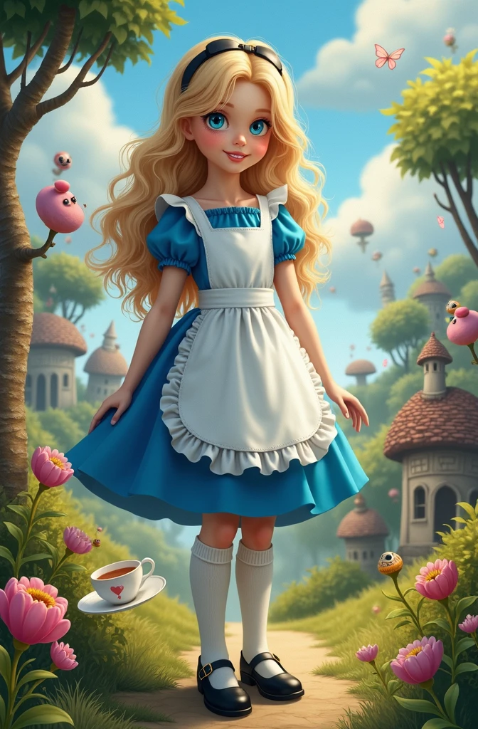 Create a highly detailed image in a whimsical, fantasy style featuring Alice, a young girl around with bright blue eyes and golden blonde hair. She’s wearing a classic blue dress with a white pinafore, knee-high white socks, and black Mary Jane shoes. Alice is curious and adventurous, with a slight look of wonder and determination on her face. Surround her with a surreal, dreamlike environment, hinting at the magical world of Wonderland with hints of talking creatures, a tea party, and playing cards. The background should be vibrant and colorful, reflecting the fantastical elements of her journey.
