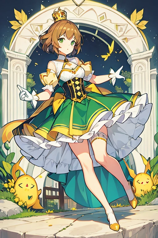 women, semi short brown hair, corona, green eyes, yellow princess short dress, long white gloves, long white stockings, yellow shoes 