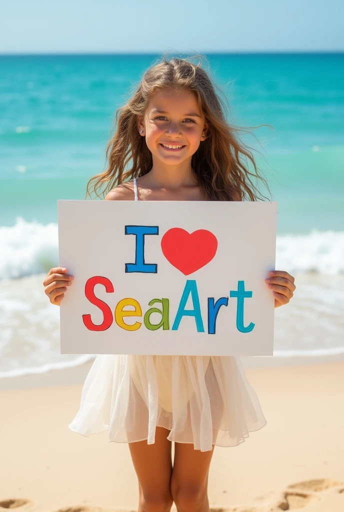 Beautiful girl with wavy long hair, with skinny dress, holding a white board with text "I Love Seaart Infinity" and showing it to the viewer