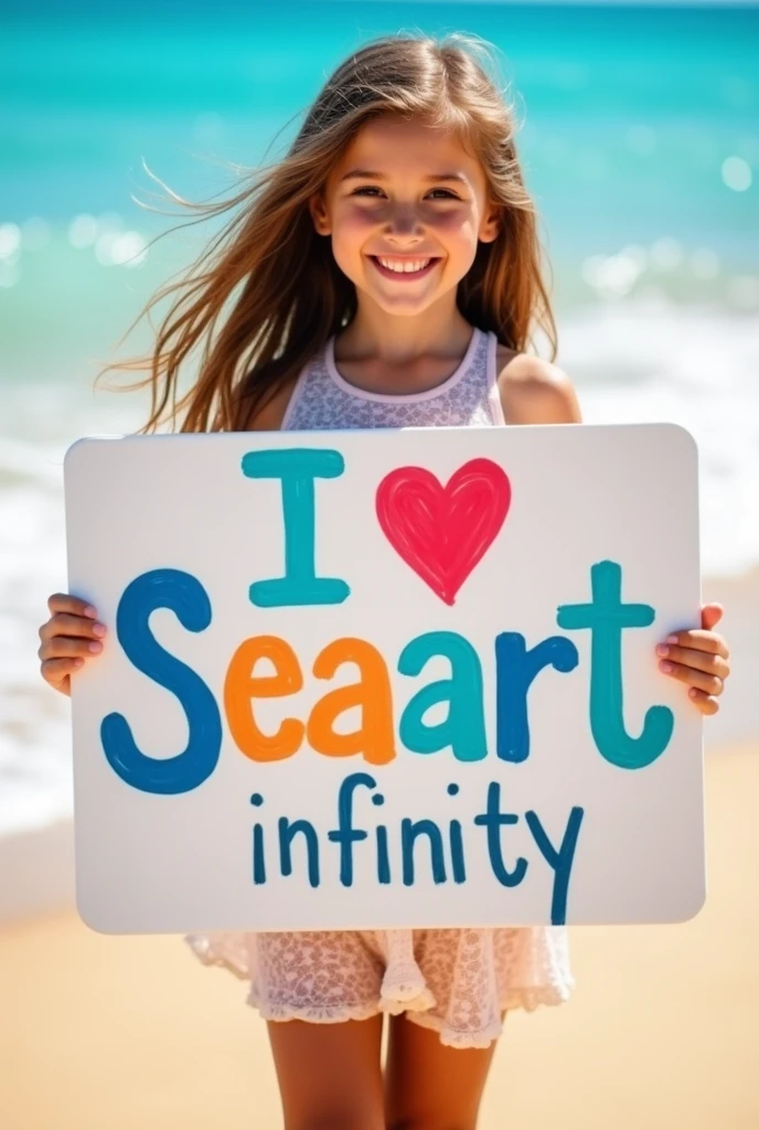 Beautiful girl with wavy long hair, with skinny dress, holding a white board with text "I Love Seaart Infinity" and showing it to the viewer