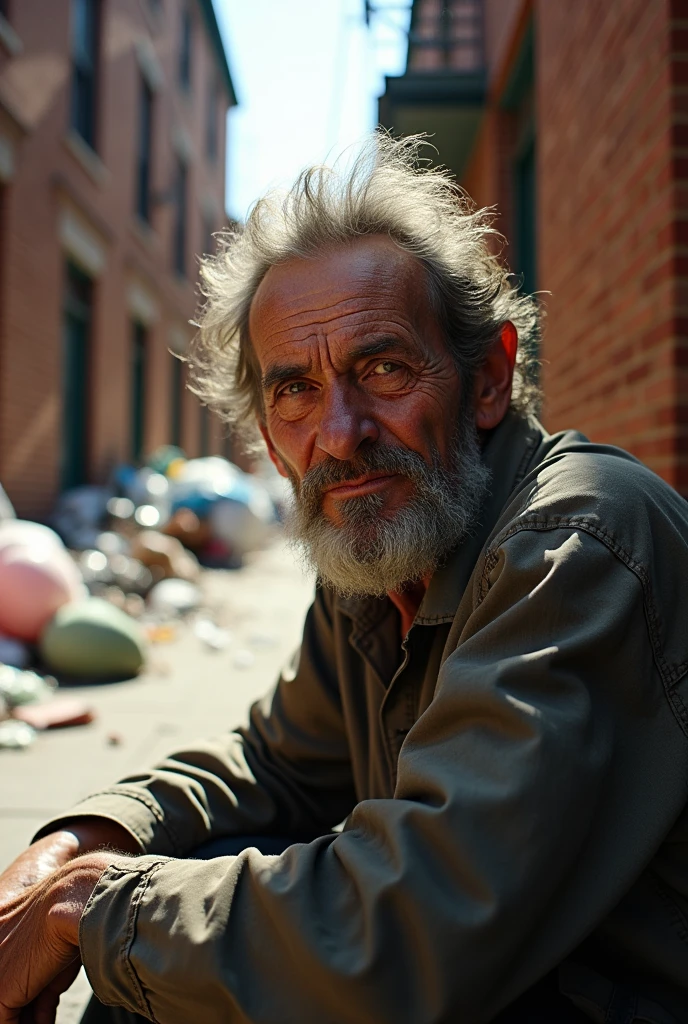 Fat Ugly nude dirty homeless man mouth hanging open tongue out sitting in trash sunny alleyway