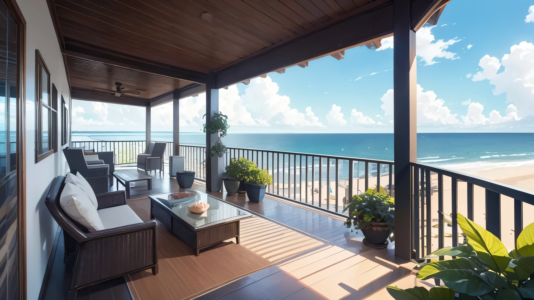 A serene balcony overlooking the sea, designed to evoke relaxation and tranquility. The background features comfortable seating arrangements, such as plush chairs or a cozy lounger, positioned to maximize the view of the ocean. Natural sunlight bathes the space, creating a warm and inviting atmosphere. The balcony railings are stylish and unobtrusive, allowing an unobstructed view of the waves and horizon. Lush greenery or potted plants add a touch of nature, enhancing the peaceful ambiance of the setting.