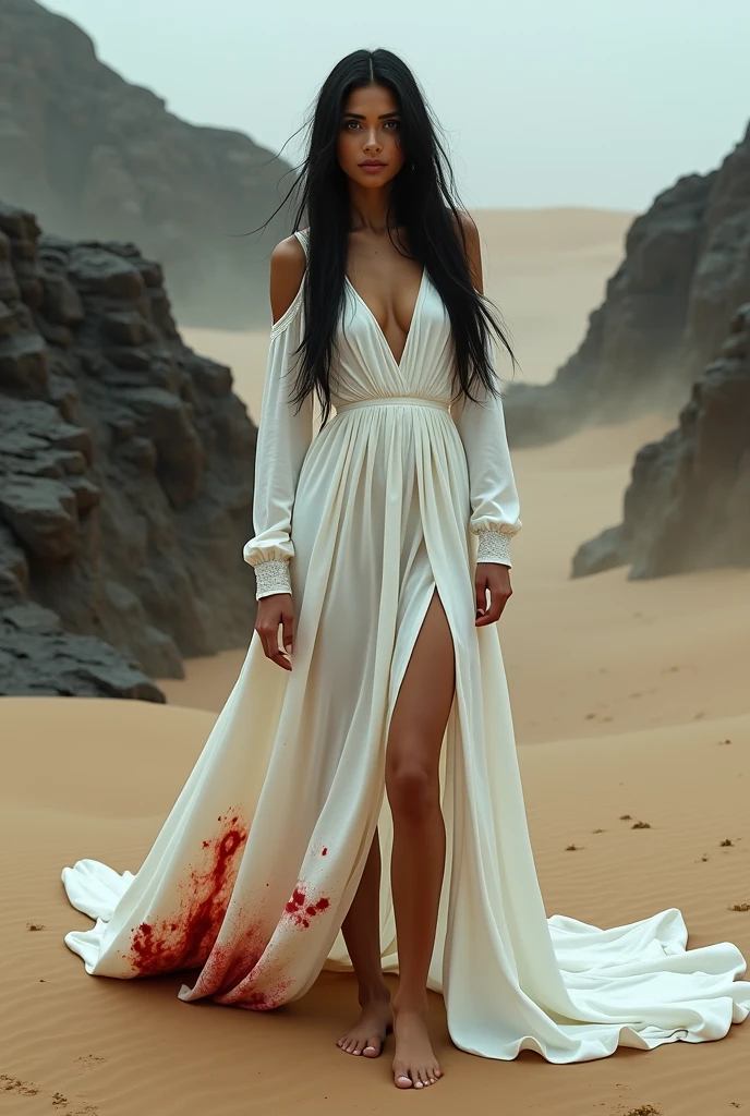 (Photorealism:1.1) desert, beautiful woman, high, Blue eyes, arabic facial features, black long hair, bare shoulders, god, Long legs, bare legs, in half a turn, gloomy atmosphere, black very high cliffs, long white dress, long train of the dress, Blood on the dress, barefoot, high detail, overall plan, strong wind, sandstorm