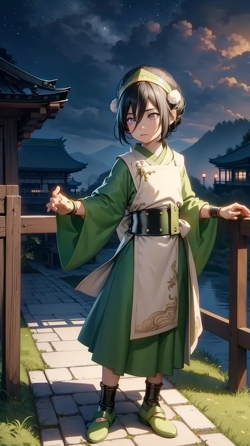 Ultra detailed ,beautiful  , delicada ,Toph beifong , 10 year old  girl ,japonese  girl ,1girl , flat  chest , green  clothes , Black hair, blind ,night , japonese temple  background ,Beautiful face.  , standing  , Wallpaper. Kung-fu pose , frontal, simetric , full body, green shoes