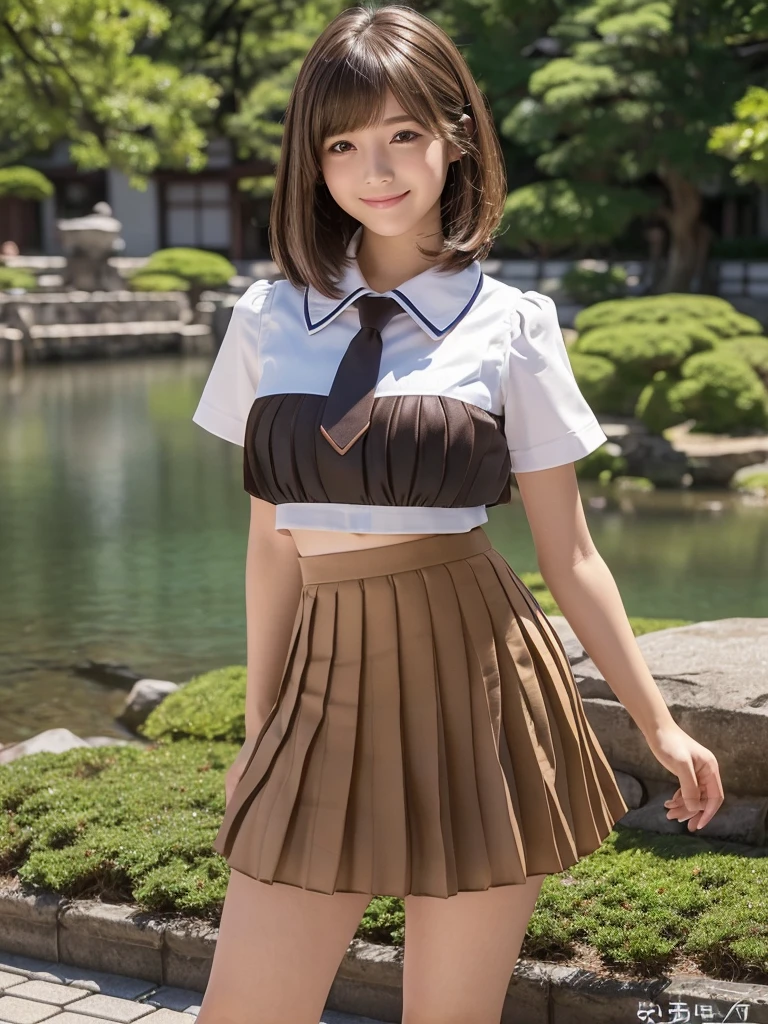 (8k,Highest quality,masterpiece: 1.2),(Realistic, Realistic: 1.37),Very detailed,One person,beauty,cute,Baby Face,smile, alone,(Nose redness),(smile: 1.15),Beautiful Eyes,Big eyes,Brown eyes,(Brown long bob hair: 1.5),Floating Hair,bangs,NovaFrog Style,whole body,(Huge breasts:1.0),(((cute Japan Beautiful Girl))),(Beautiful attention to detail), (Highest quality), (Ultra-detailed), (masterpiece), (school uniform:1.4),(Super Short Micro Pleated Mini Skirt:1.5),(Model-like body),(Long legs)