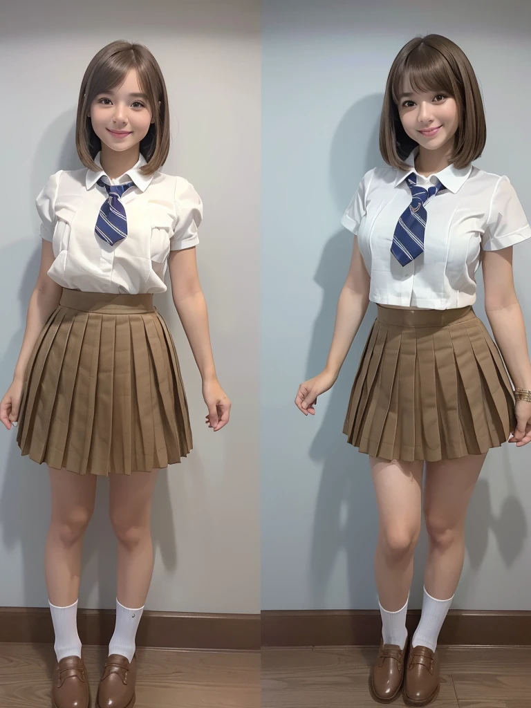 (8k,Highest quality,masterpiece: 1.2),(Realistic, Realistic: 1.37),Very detailed,One person,beauty,cute,,smile, alone,(Nose redness),(smile: 1.15),Beautiful Eyes,Big eyes,Brown eyes,(Brown long bob hair: 1.5),Floating Hair,bangs,NovaFrog Style,whole body,(Huge breasts:1.0),(((cute Japan Beautiful Girl))),(Beautiful attention to detail), (Highest quality), (Ultra-detailed), (masterpiece), (school uniform:1.4),(Super Short Micro Pleated Mini Skirt:1.5),(Model-like body),(Long legs)