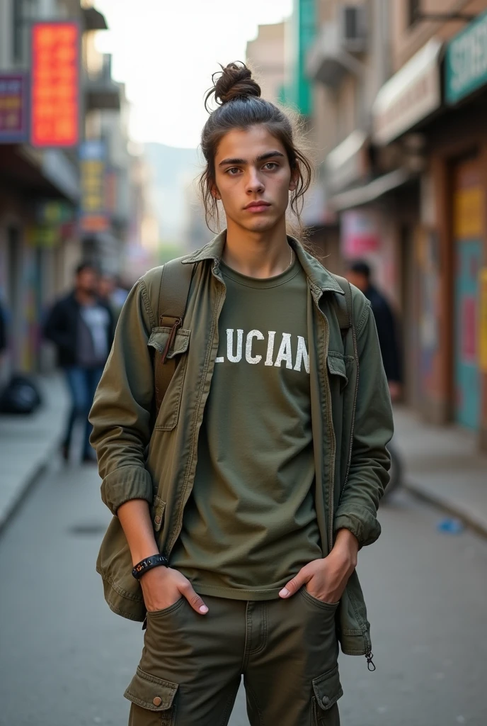 Young man 26 years old, brunette medium hair tied up, eyes browns, army pants army shirt with the name Lucian written on it, and school jacket