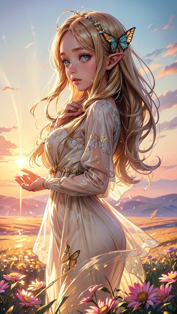 "((Innocent)) girl, golden hour, dreamy meadow, ethereal, whimsical, flowing dress, soft sunlight, enchanting, butterfly wings, (pastel clouds), liquid reflections,detailed,detailed eyes, elf woman, flowers, wet hair,full body,detailed face, detailed hands