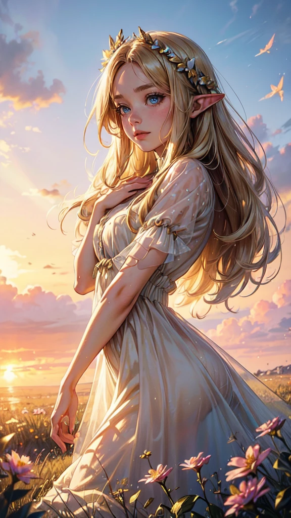 "((Innocent)) girl, golden hour, dreamy meadow, ethereal, whimsical, flowing dress, soft sunlight, enchanting, butterfly wings, (pastel clouds), liquid reflections,detailed,detailed eyes, elf woman, flowers, wet hair,full body,detailed face, detailed hands